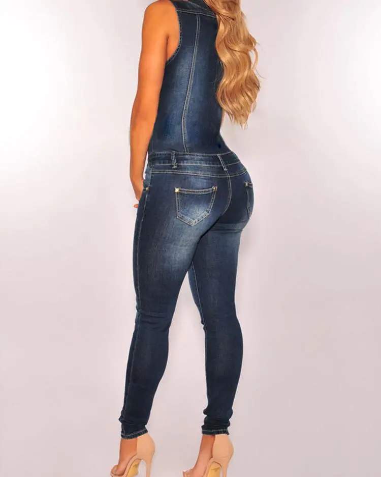 BUTTONED POCKET DESIGN SLEEVELESS DENIM JUMPSUIT