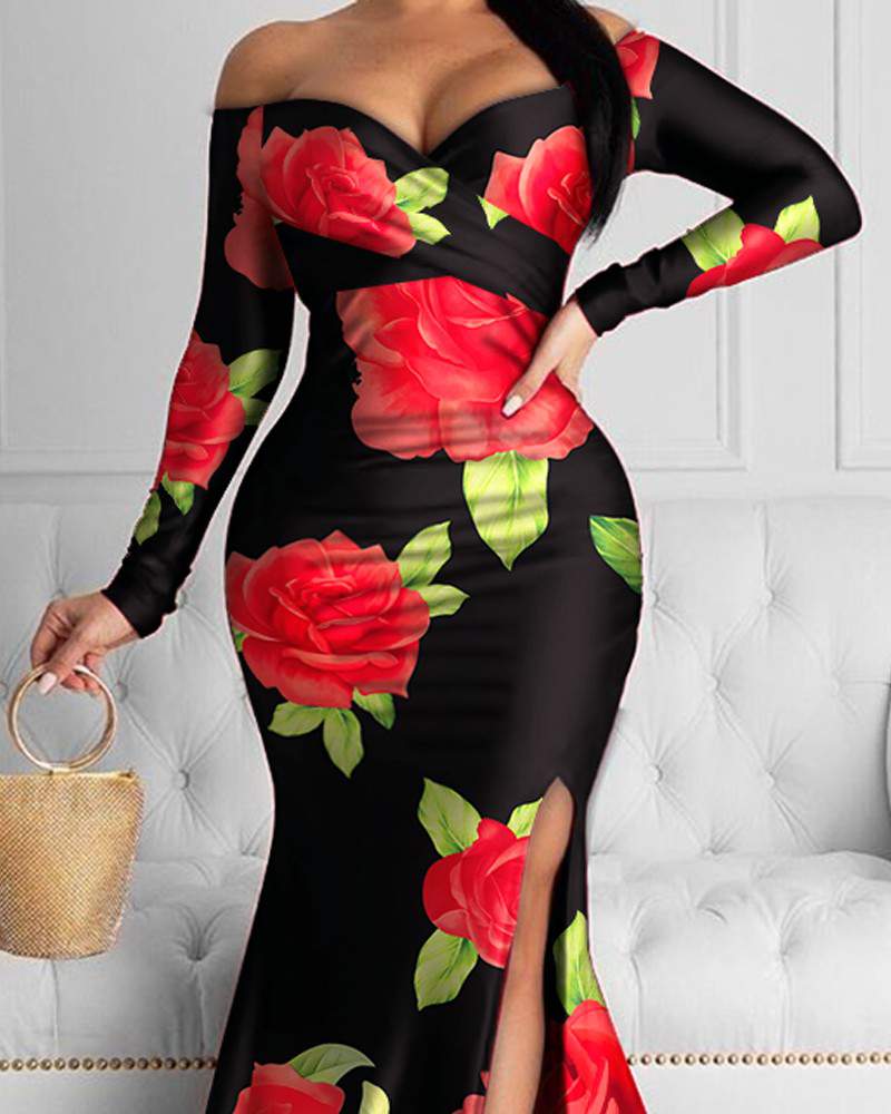 Off-Shoulder Dress Floral Maxi - High Slit