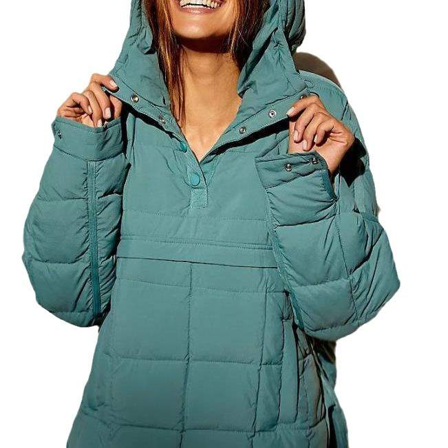 SOLID COLOR HOODED COTTON PADDED FOLDABLE PADDED PULLOVER POCKET LONG SLEEVE COAT FOR WOMEN