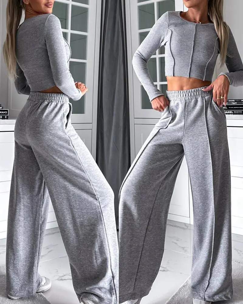 ROUND NECK PIPING CROP TOP WIDE LEG PANTS SET
