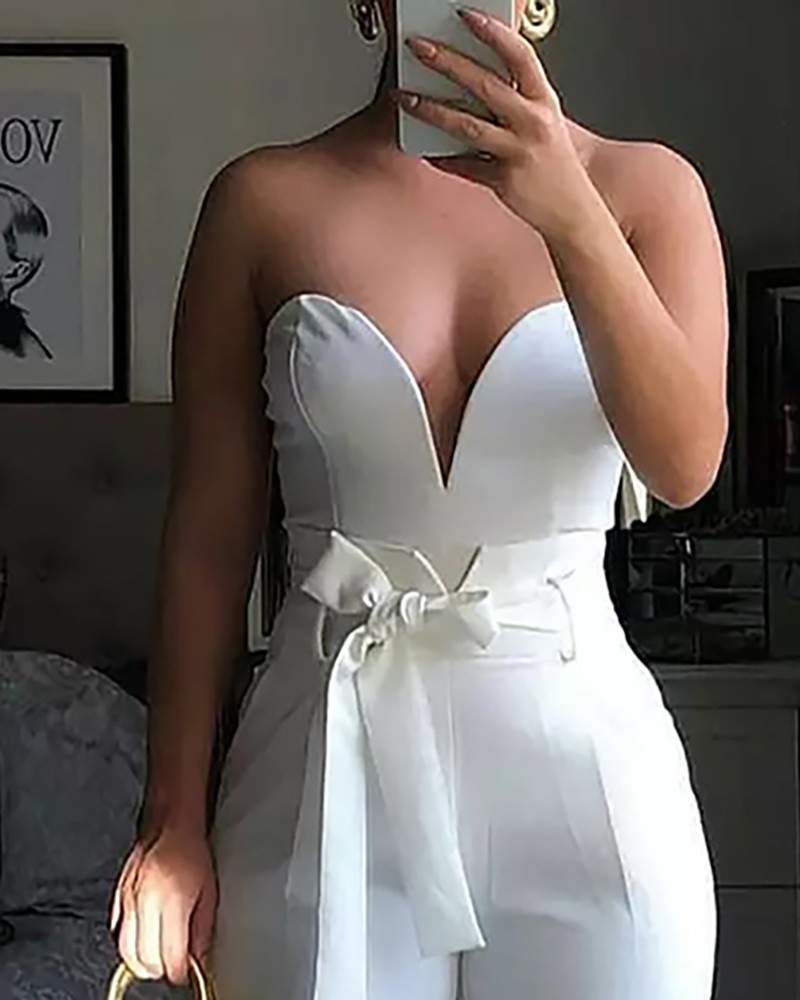 NEW Bandeau Ruched Skinny Jumpsuit With Belt