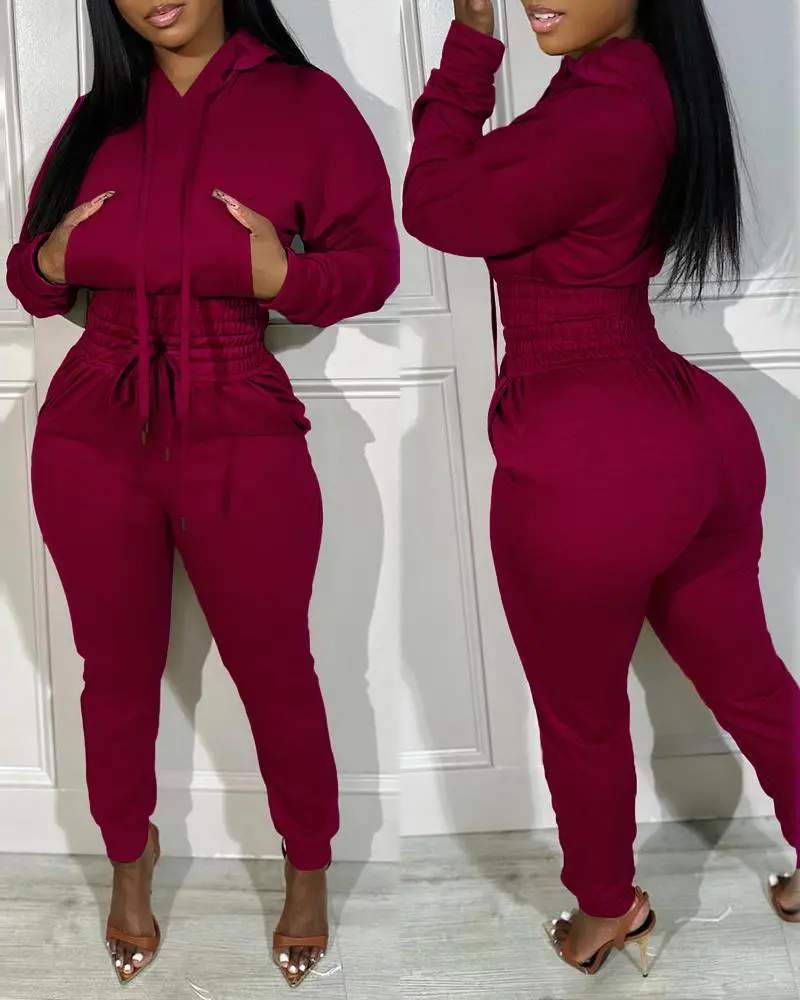 SHIRRED POCKET DESIGN CROP HOODIE HIGH WAIST CUFFED SWEATPANTS SET