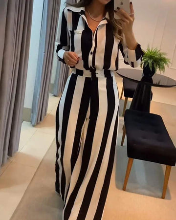 STRIPED POCKET DESIGN SHIRT WIDE LEG PANTS SET