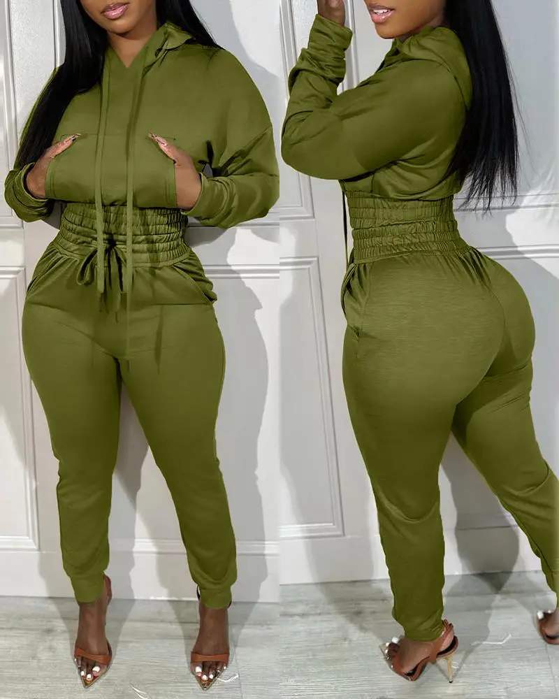 SHIRRED POCKET DESIGN CROP HOODIE HIGH WAIST CUFFED SWEATPANTS SET
