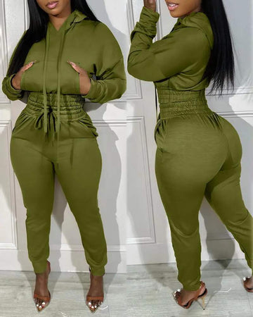 SHIRRED POCKET DESIGN CROP HOODIE HIGH WAIST CUFFED SWEATPANTS SET