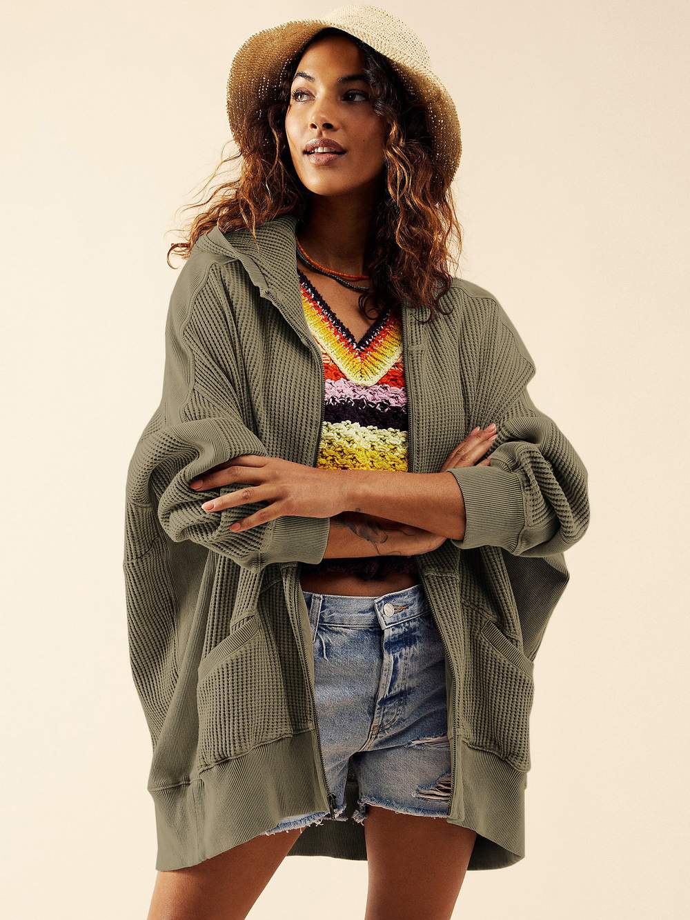 WAFFLE CARDIGAN ZIPPER SWEATER EXPLOSIONS HOME CLOTHES WEAR WOMEN S HOODIE LONG COAT