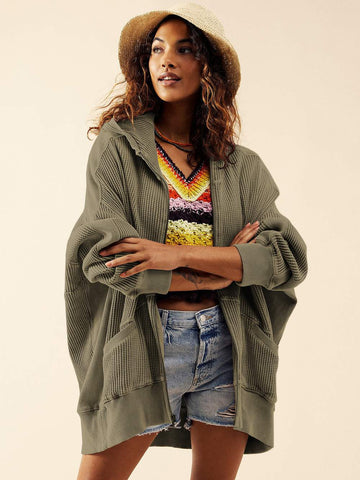 WAFFLE CARDIGAN ZIPPER SWEATER EXPLOSIONS HOME CLOTHES WEAR WOMEN S HOODIE LONG COAT