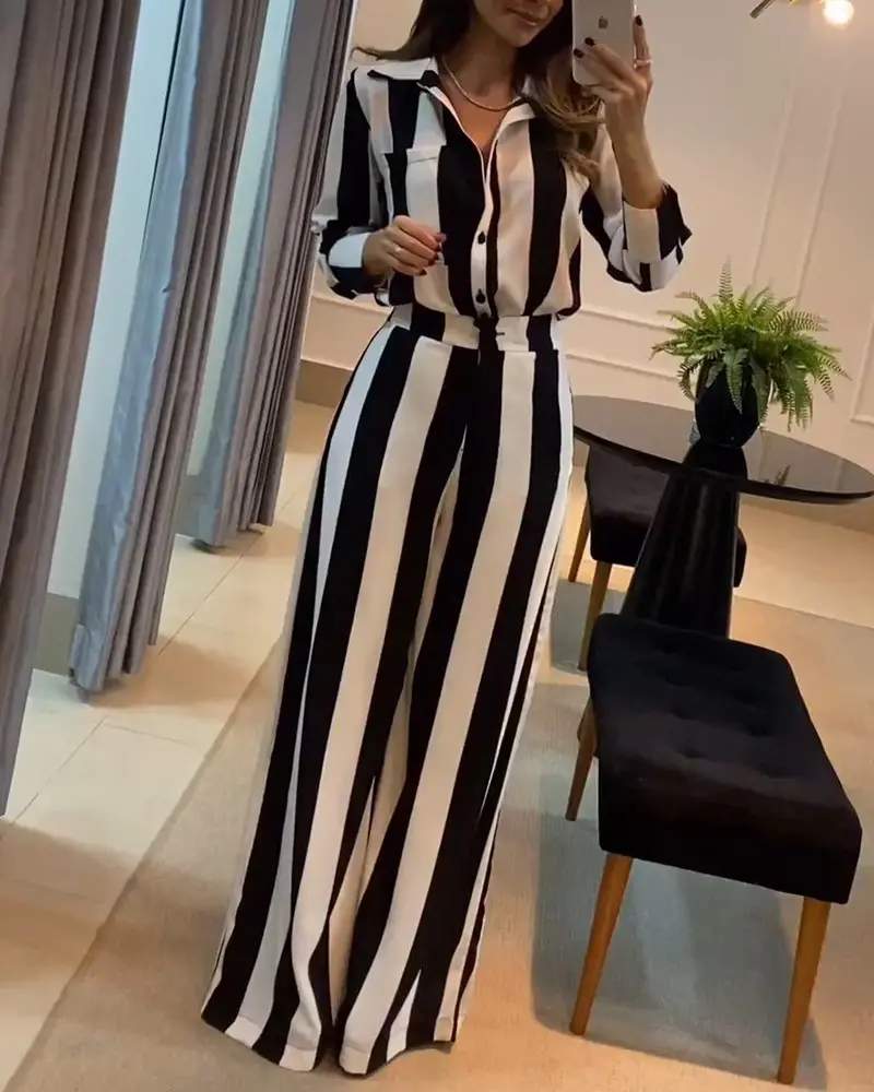 STRIPED POCKET DESIGN SHIRT WIDE LEG PANTS SET