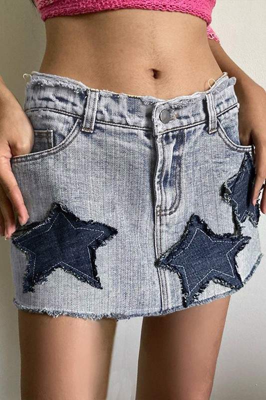 Frayed Hem Denim Skirt with Stars