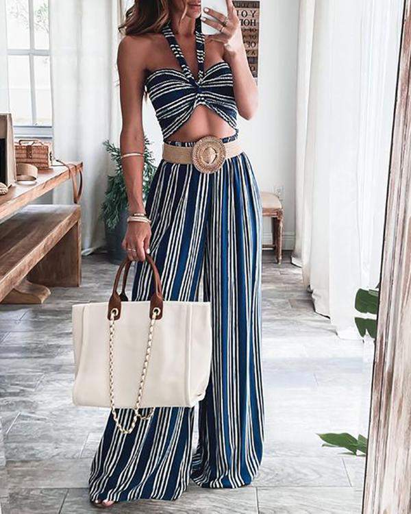 HALTER STRIPED PRINT TOP WIDE LEG PANTS SETS