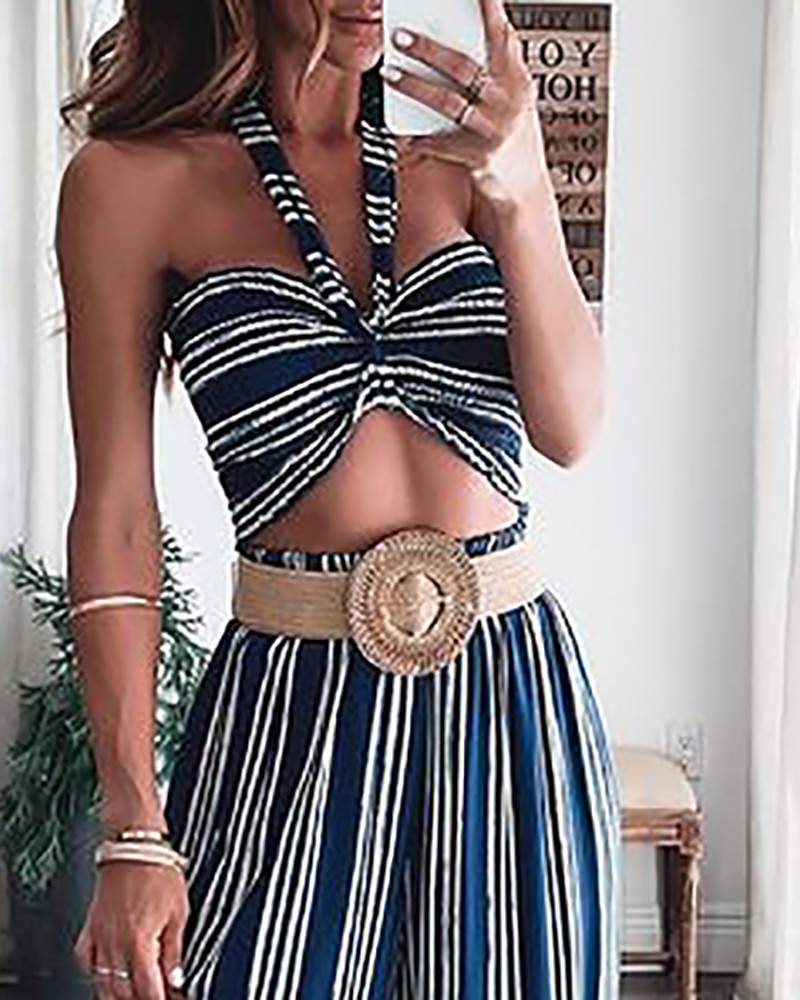 HALTER STRIPED PRINT TOP WIDE LEG PANTS SETS