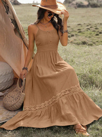 VCAY SOLID COLOR VACATION STYLE LONG CAMI DRESS WITH LACE INSERTS