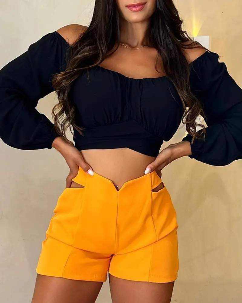 OFF SHOULDER LANTERN SLEEVE CROP TOP CUTOUT SHORTS SET