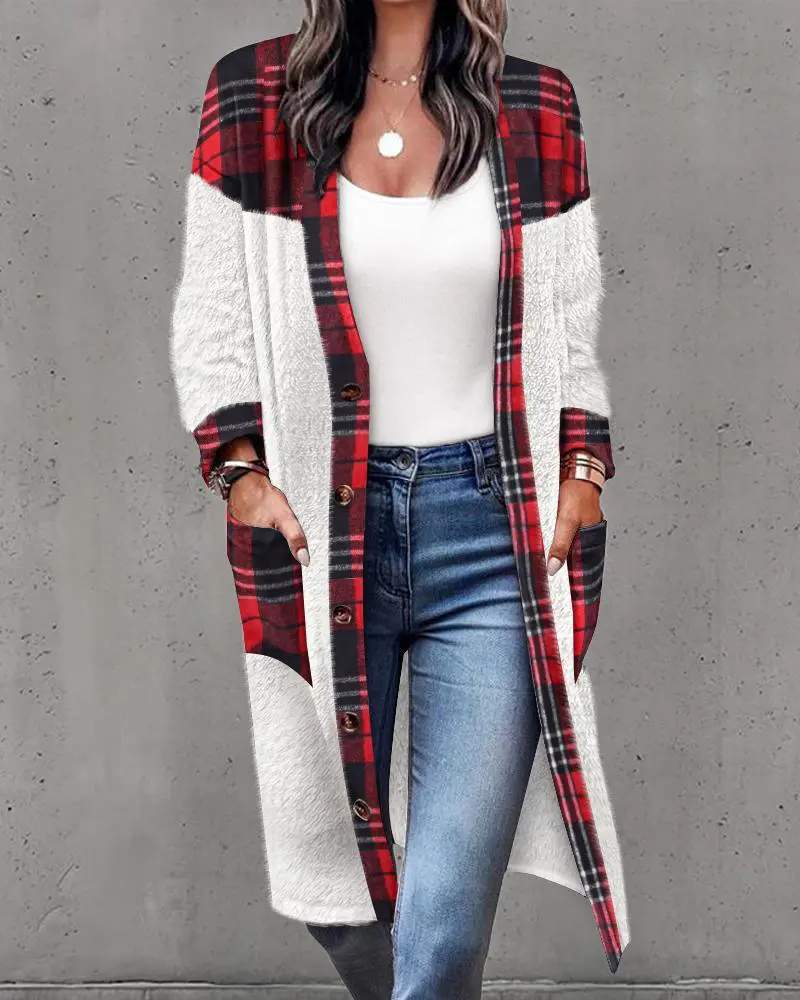 CONTRAST PLAID BUTTON FRONT FLUFFY LONGLINE COAT