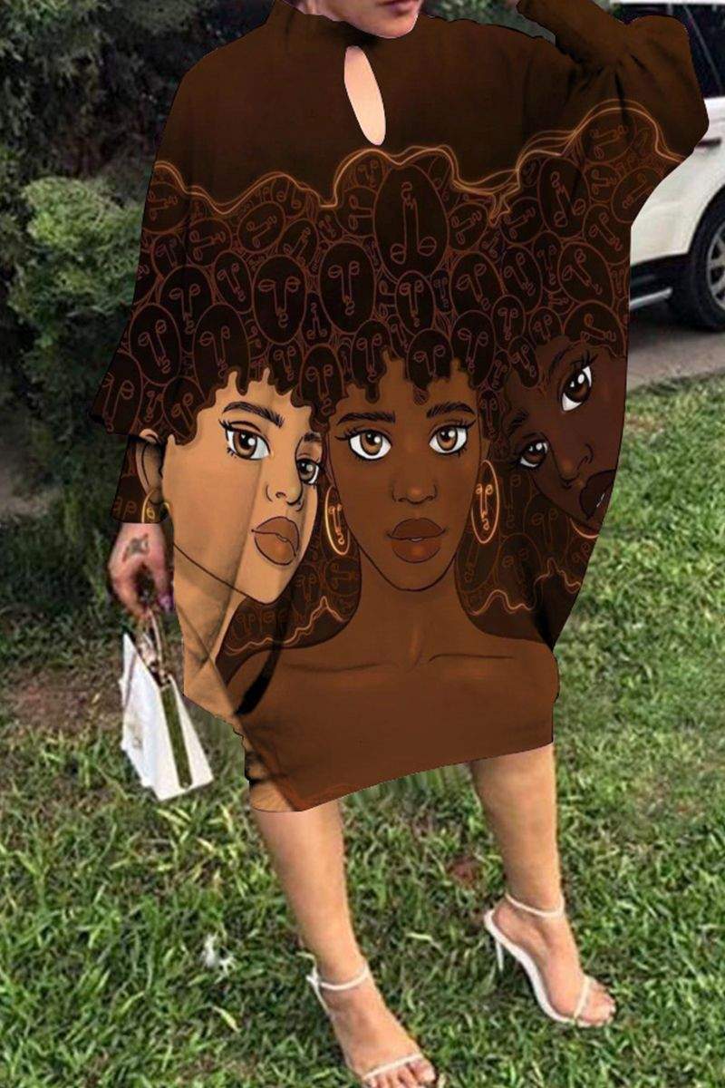 DARK BROWN FASHION CASUAL PRINT HOLLOWED OUT HALF A TURTLENECK LONG SLEEVE DRESSES