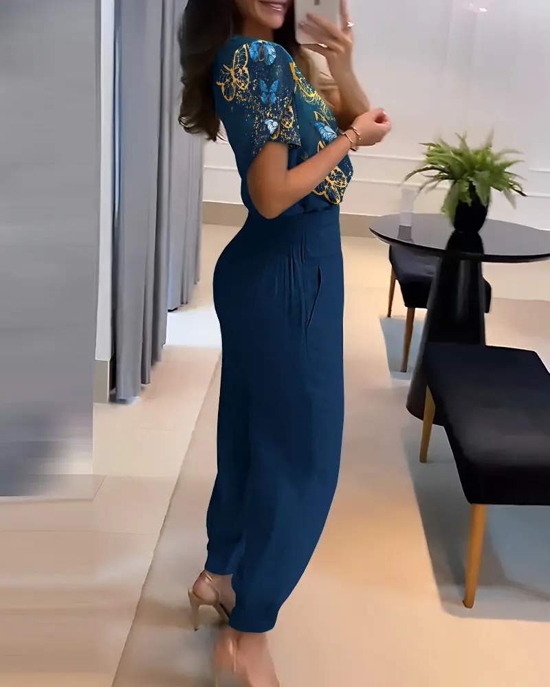 BUTTERFLY PRINT V NECK TOP HIGH WAIST CUFFED PANTS SET
