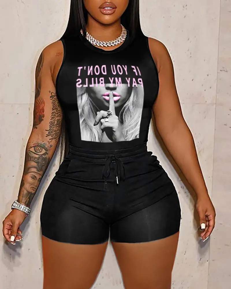 Trendy Graphic Tank Top & High-Waisted Shorts
