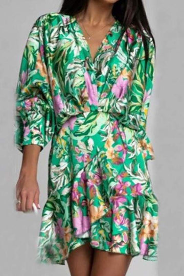 LONG SLEEVE RUFFLE PRINT IRREGULAR DRESS