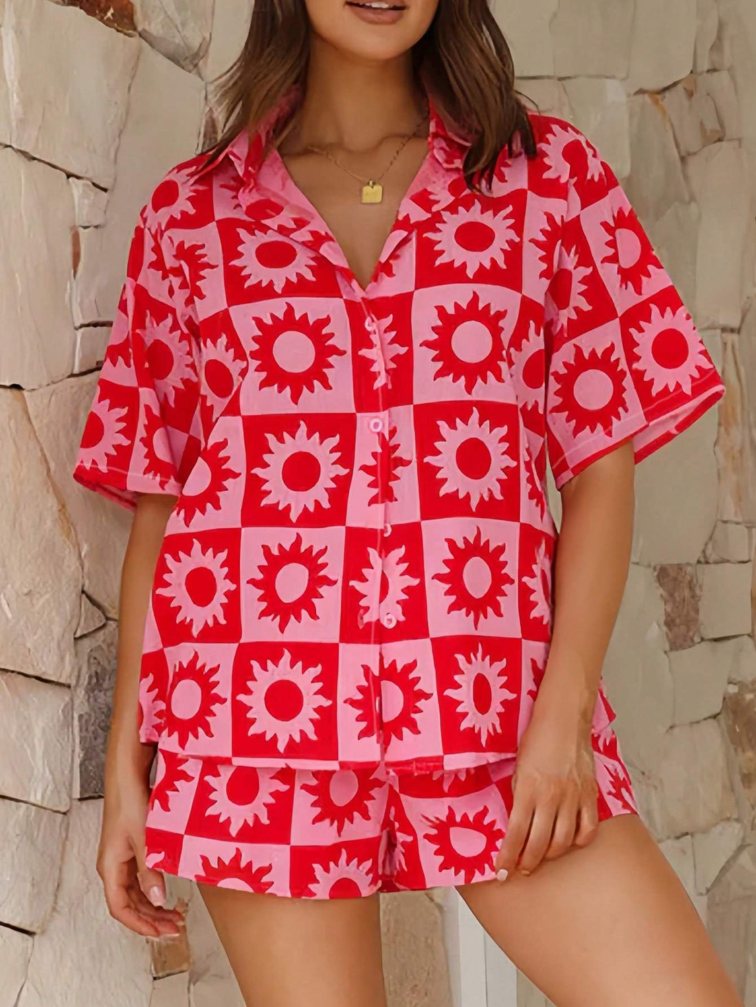 VCAY LADIES PRINTED SHIRT COLLAR SINGLE BREASTED HOLIDAY OUTFIT 2PCS SHIRT AND SHORTS SET SUMMER