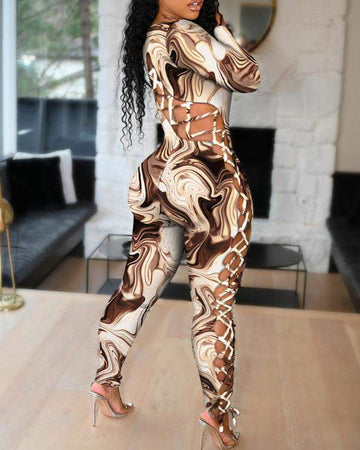 Camouflage Lace Up Side Long Sleeve Jumpsuit