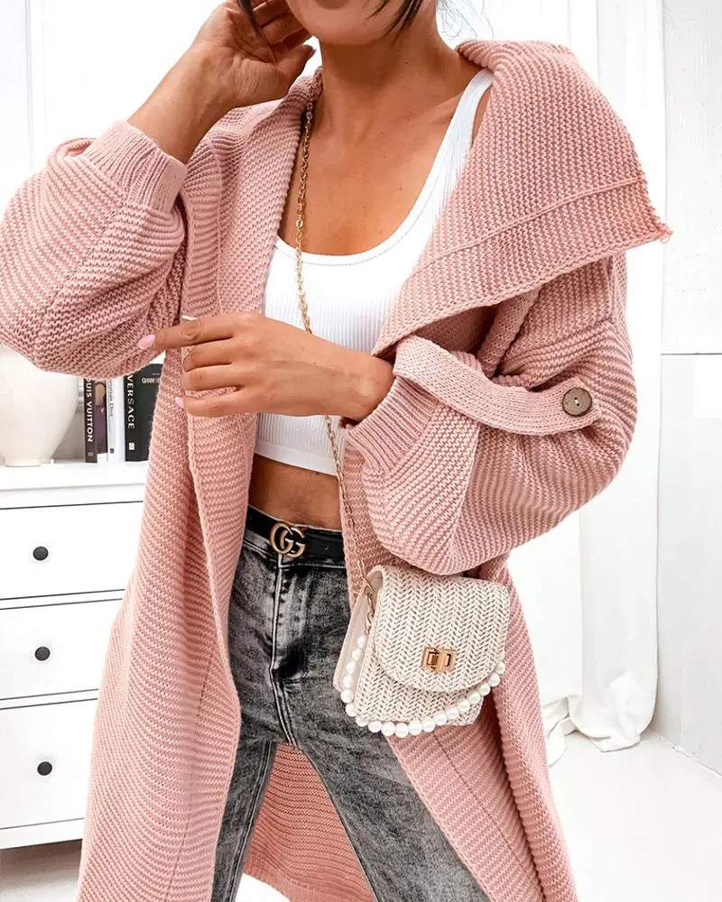 OPEN FRONT ROLL UP SLEEVE KNIT LONGLINE CARDIGAN