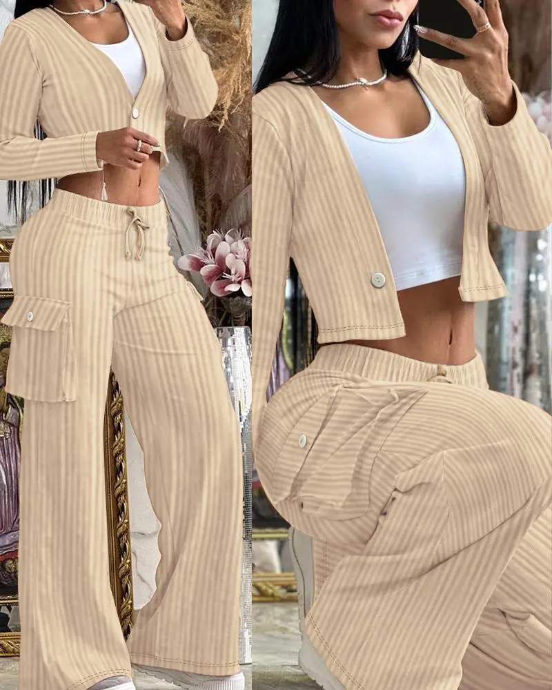 VELVET BUTTONED CROP TOP POCKET DESIGN PANTS SET