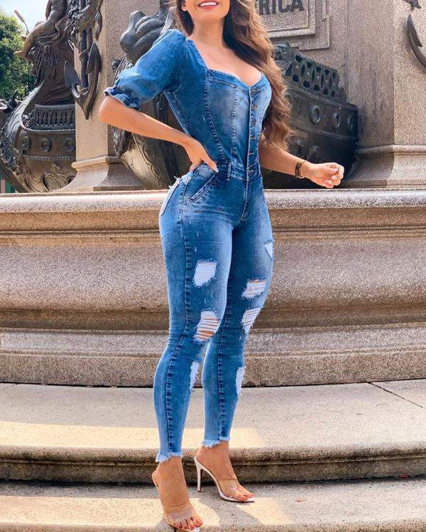 Ripped Puff Sleeve Poccket Design Denim Jumpsuit