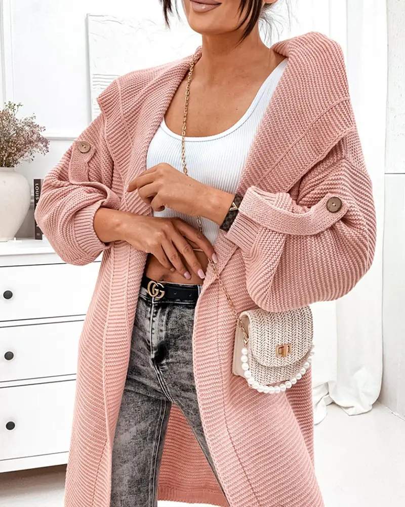 OPEN FRONT ROLL UP SLEEVE KNIT LONGLINE CARDIGAN