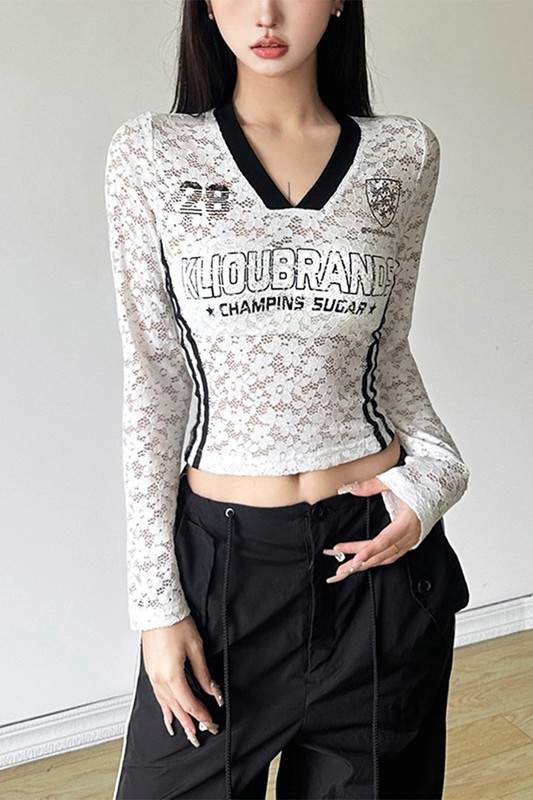 SHEER LACE V NECK JERSEYS