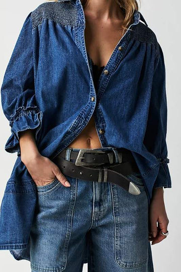 SMOCKED DENIM TUNIC TOP