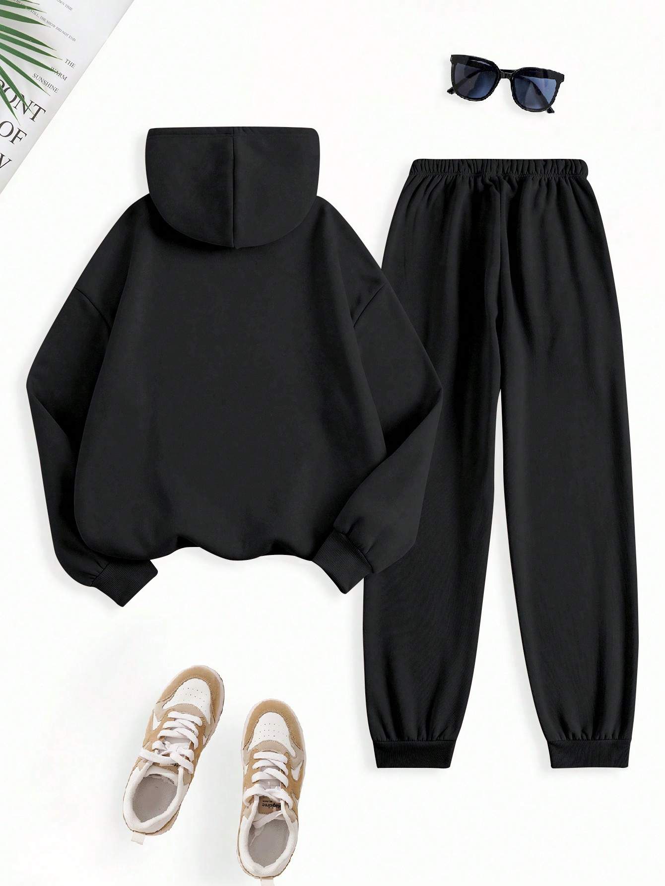 SLAYR WOMEN S LETTER PRINT KANGAROO POCKET HOODED SWEATSHIRT AND SWEATPANTS TWO PIECE SET