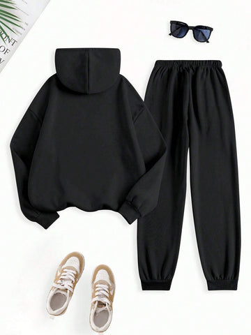 SLAYR WOMEN S LETTER PRINT KANGAROO POCKET HOODED SWEATSHIRT AND SWEATPANTS TWO PIECE SET