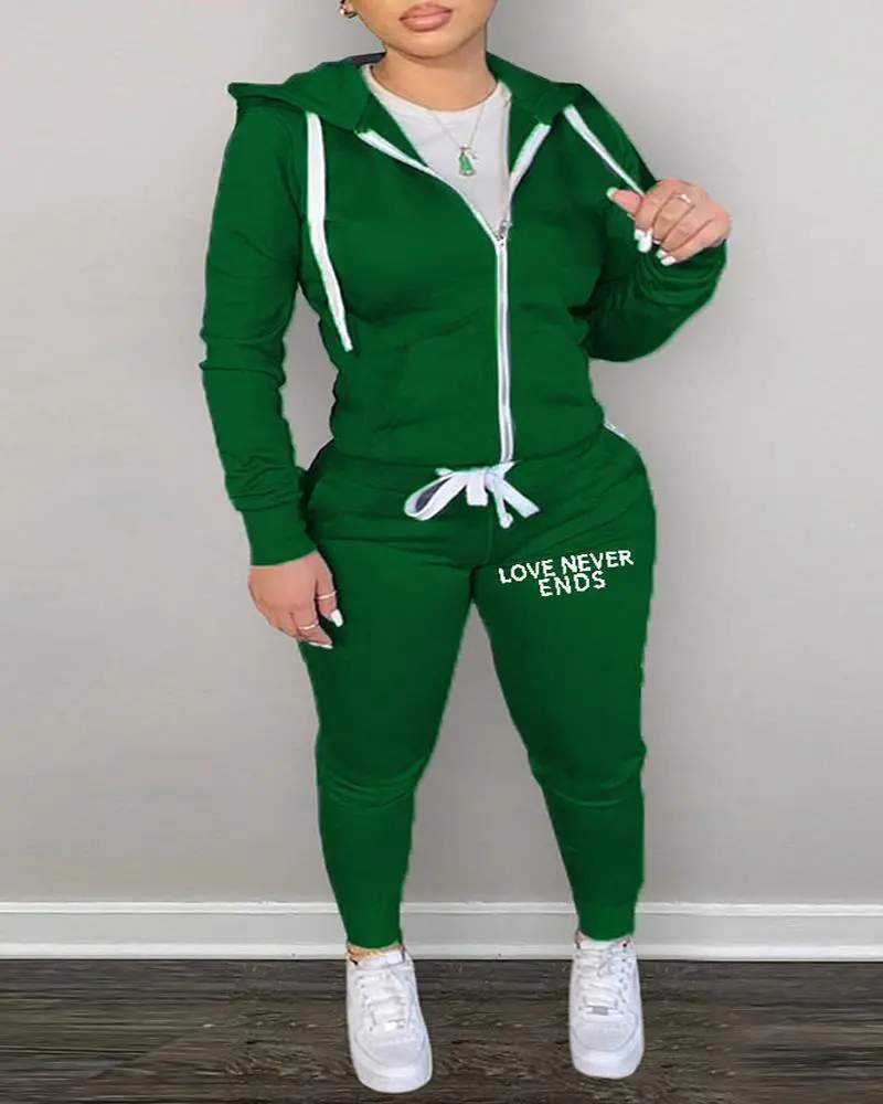PLUS SIZE LETTER PRINT HOODED ZIP UP TOP PANTS SET