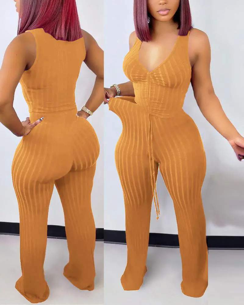 RIBBED DRAWSTRING CROP TANK TOP PANTS SET