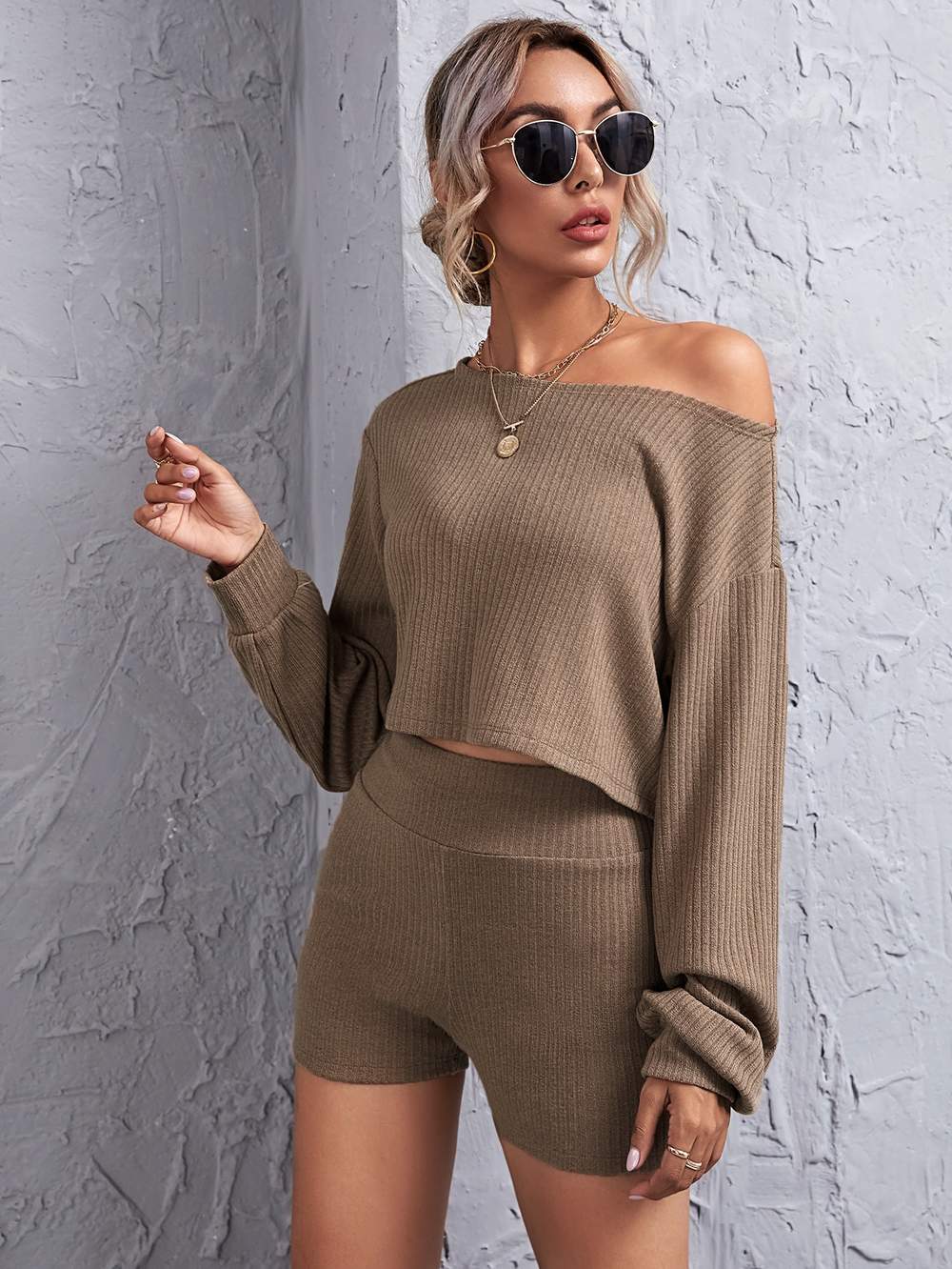 UNITY DROP SHOULDER RIB KNIT CROP TOP WIDE WAISTBAND SHORTS SET