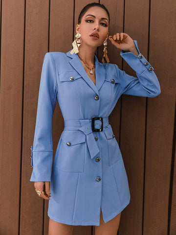GLAMAKER BUTTON FRONT BELTED BLAZER DRESS
