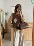 VINTAGE JACQUARD LAZY  SWEATER VEST ROUND NECK KNITTED VEST TOP