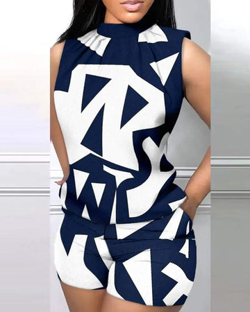 GEOMETRIC PRINT CASUAL TANK TOP SHORTS SET