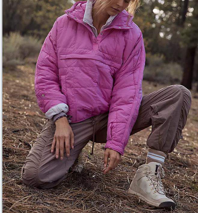 SOLID COLOR HOODED COTTON PADDED FOLDABLE PADDED PULLOVER POCKET LONG SLEEVE COAT FOR WOMEN