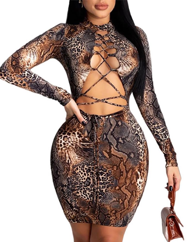 Trendy Bodycon Snake Dress, Cutout Design
