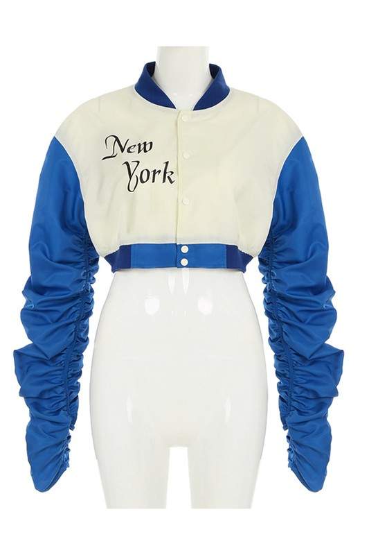 RUCHED CROPPED BOMBER JACKET