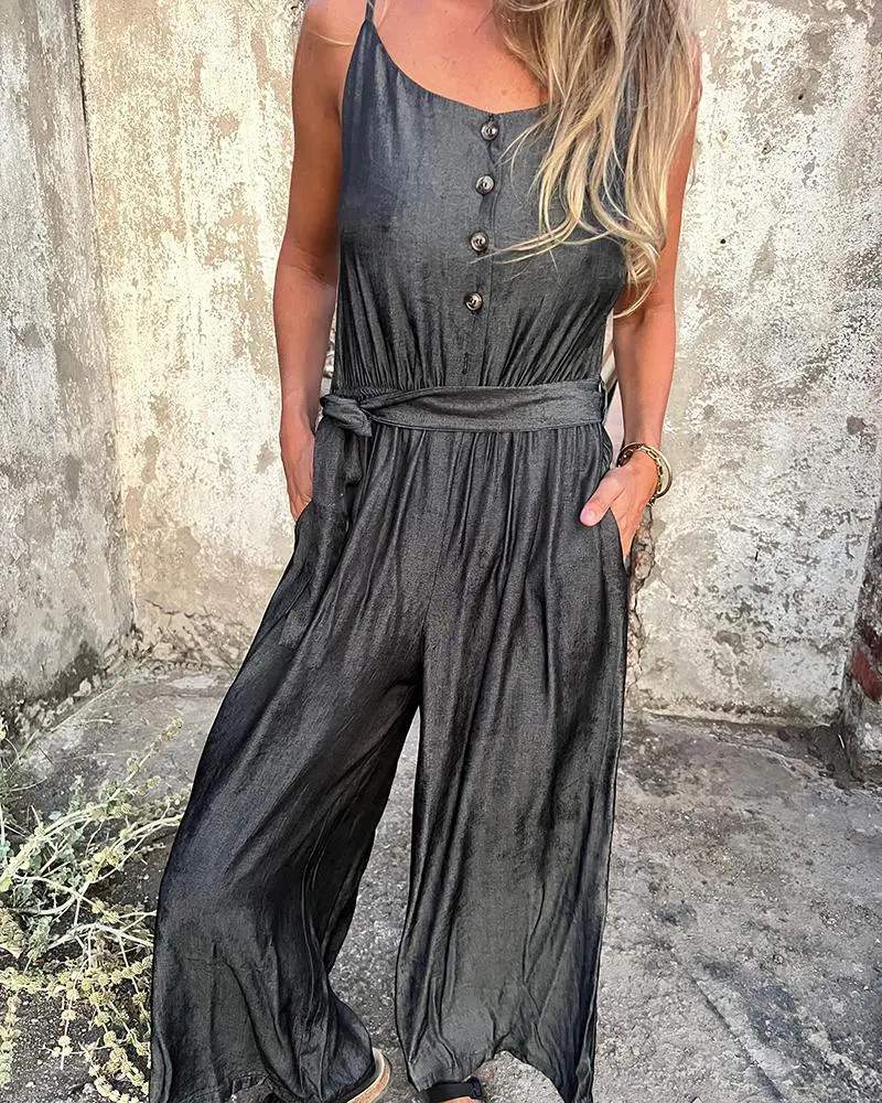 BUTTONED POCKET DESIGN SUSPENDER JUMPSUIT