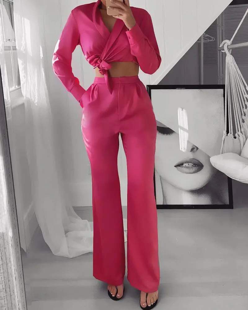 TIED DETAIL CROP BLAZER BOOTCUT PANTS SET