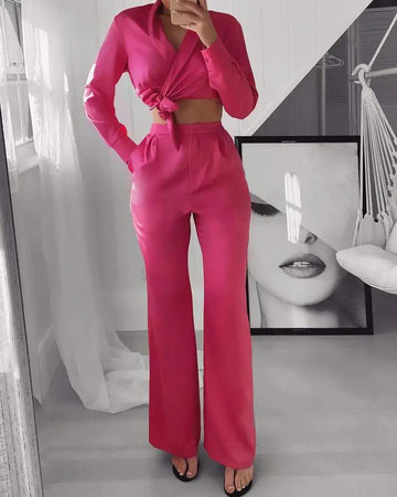 TIED DETAIL CROP BLAZER BOOTCUT PANTS SET