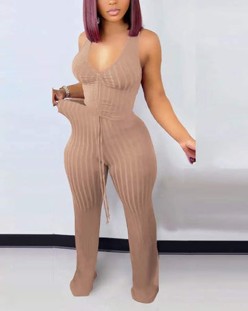 RIBBED DRAWSTRING CROP TANK TOP PANTS SET