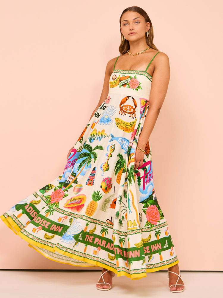 SEXY SLING ELEGANT PRINTED HIGH WAIST LARGE SWING DRESS
