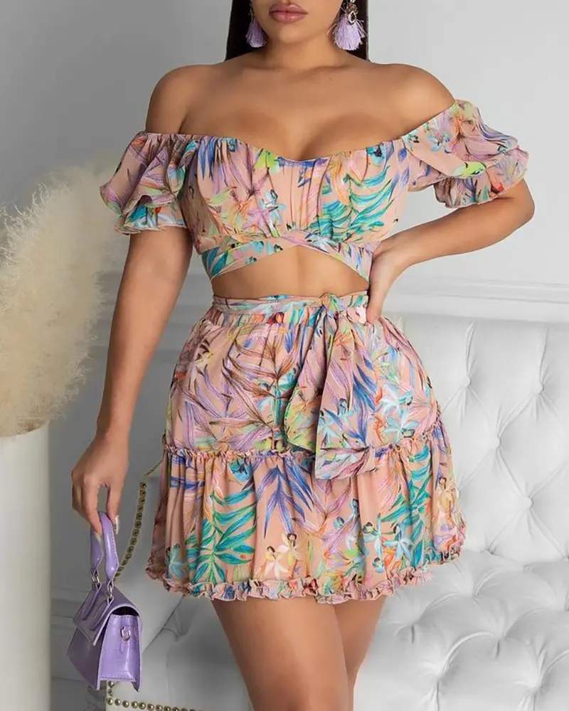 OFF SHOULDER FLORAL PRINT TOP FRILL HEM SKIRT SET