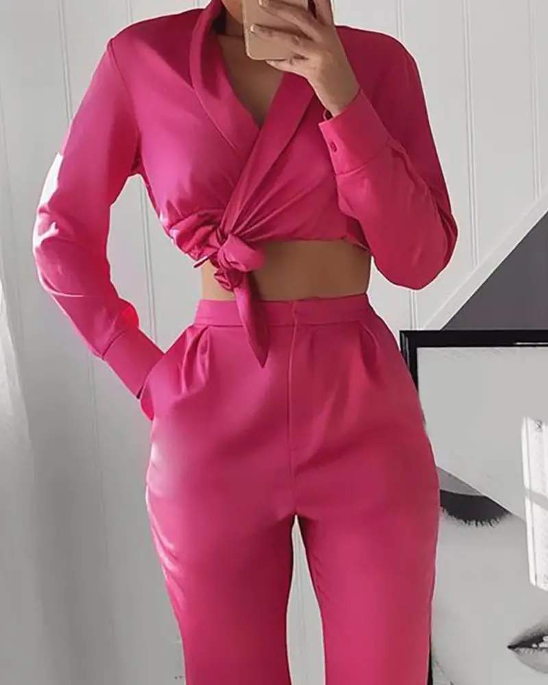 TIED DETAIL CROP BLAZER BOOTCUT PANTS SET