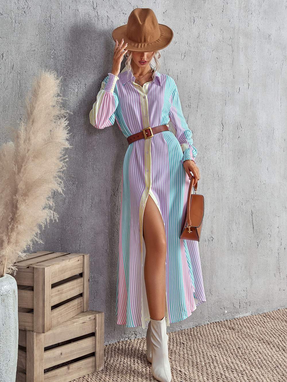 Elegant Striped Shirt Dress with Hat