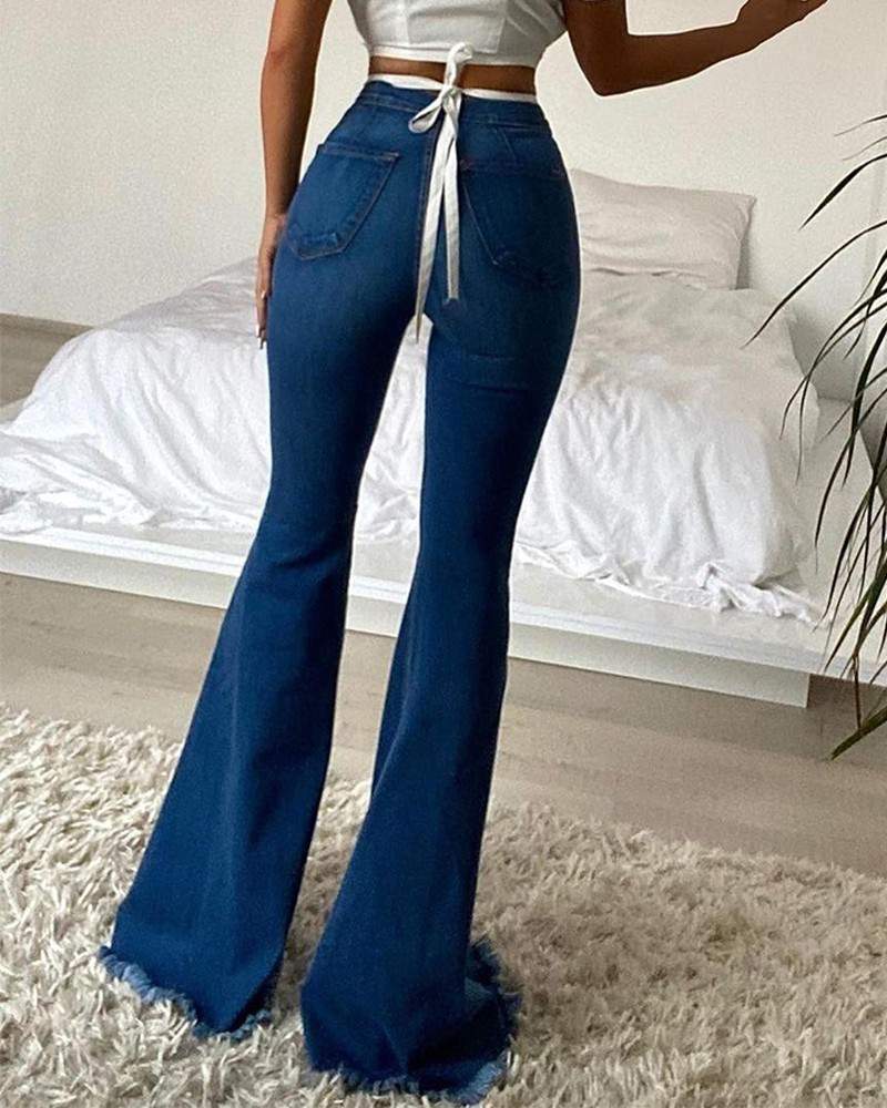 Fashionable Crop Top, High Waist Flared Jeans